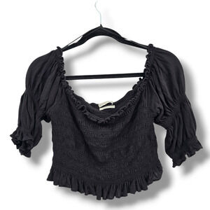 Urban Outfitters Women's Smocked‎ Ruffle Off Shoulder Cropped Top Black Large